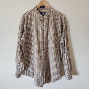 Ralph Lauren Chaps Shirt Men Large Plaid Tan Long Sleeve Button Up Band Collar